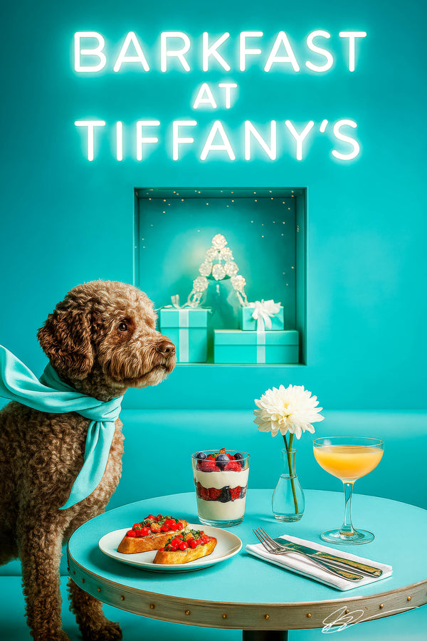 Curly brown Lagotto Romagnol wearing turquoise scarf beside a turquoise café table with tomato bruschetta berry parfait cocktail and white dahlia under Barkfast at Tiffanys sign