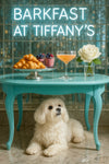 White Maltese lying under a turquoise café table with mini croissants berry parfait cocktail and white rose under a neon Barkfast at Tiffanys sign