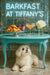 White Maltese lying under a turquoise café table with mini croissants berry parfait cocktail and white rose under a neon Barkfast at Tiffanys sign