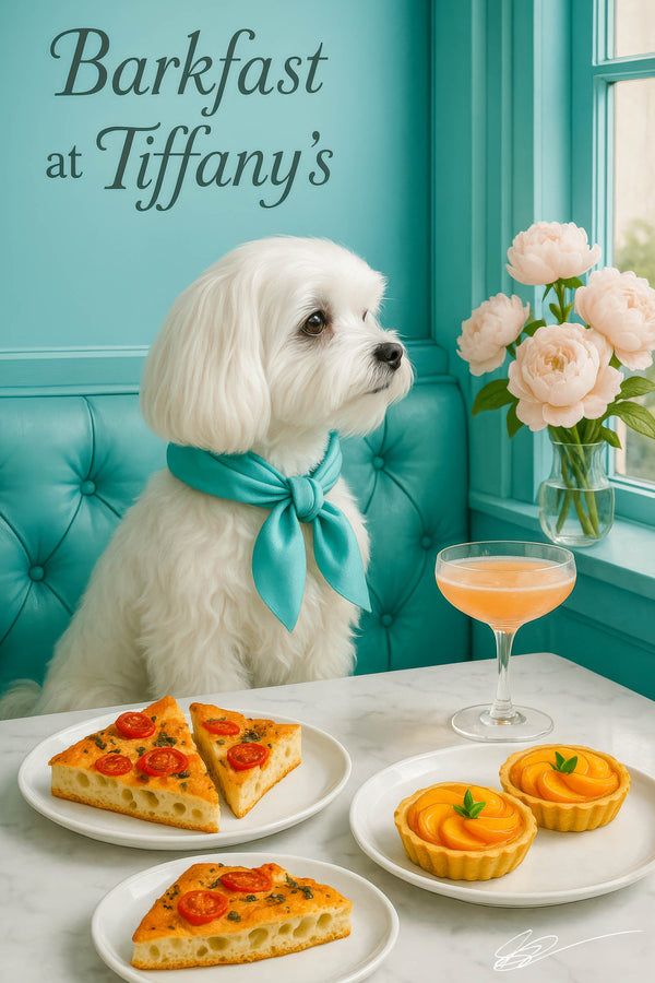 White Maltese wearing turquoise scarf seated on a tufted blue banquette beside a marble table with cherry tomato focaccia slices peach tarts cocktail and pink peonies under Barkfast at Tiffanys sign
