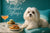 White Maltese lying on turquoise bench beside marble table with pastel macarons fig toast and a peach cocktail under a neon Barkfast at Tiffanys sign