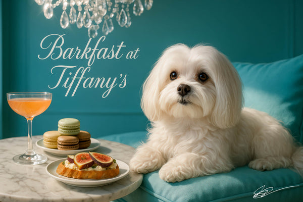 White Maltese lying on turquoise bench beside marble table with pastel macarons fig toast and a peach cocktail under a neon Barkfast at Tiffanys sign