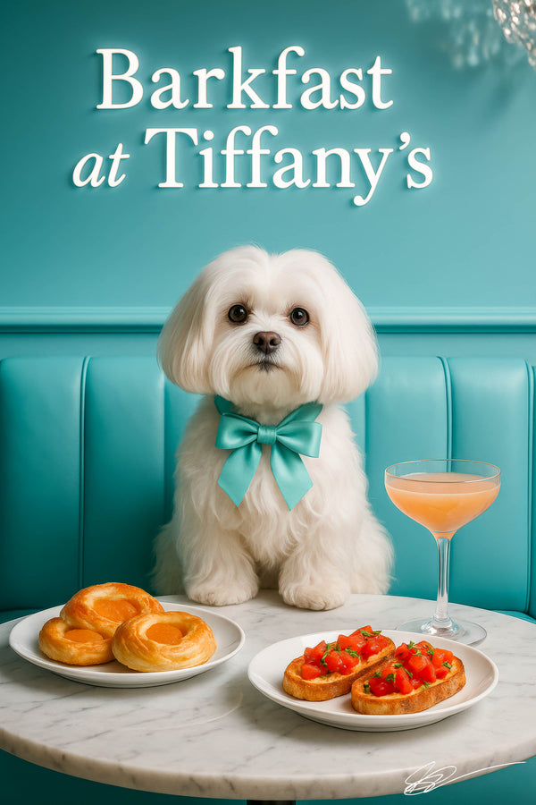 White Maltese wearing a turquoise bow tie seated at a marble table with apricot danishes tomato bruschetta and a peach cocktail under a Barkfast at Tiffanys sign