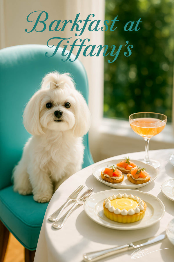 White Maltese seated on a turquoise chair next to a marble café table with smoked salmon canapés lemon tart and a peach cocktail under a Barkfast at Tiffanys sign