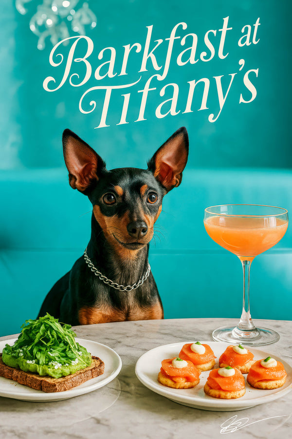 Black-and-tan Miniature Pinscher wearing a silver chain seated at a turquoise banquette with avocado toast topped with arugula, smoked salmon canapé rounds with crème fraîche, and a peach cocktail under a Barkfast at Tiffany’s sign