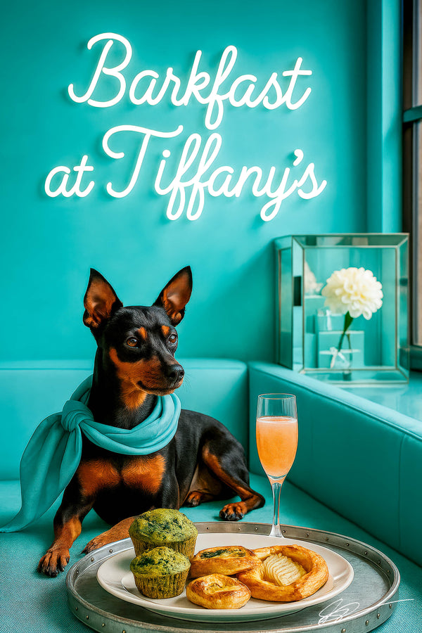Black and tan Miniature Pinscher wearing a turquoise scarf on a matching banquette beside a tray of spinach muffins swirl pastry apple danish and a peach mimosa under a Barkfast at Tiffanys sign