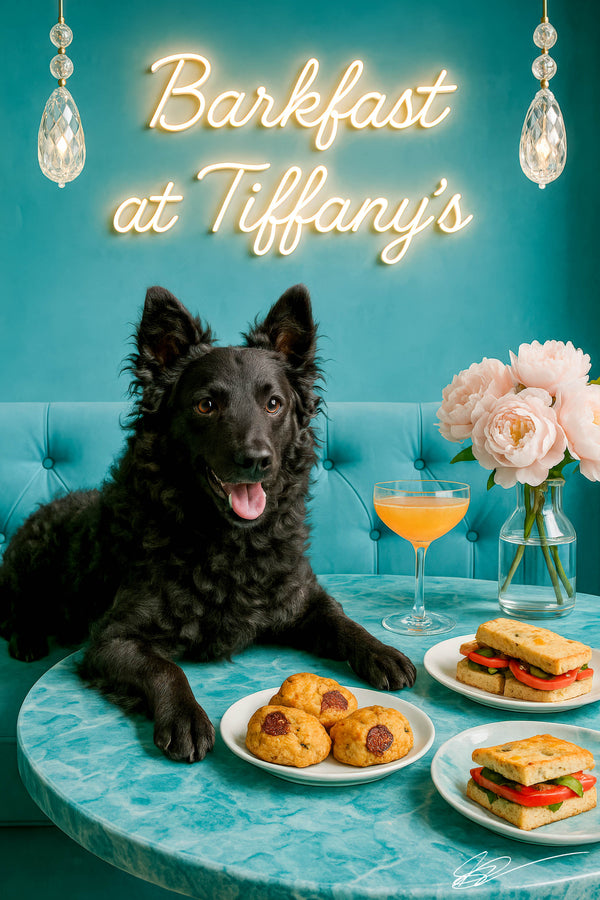 Curly black Mudi on a turquoise banquette with sausage scones, tomato and basil focaccia sandwiches, a peach cocktail, and blush peonies under Barkfast at Tiffany’s sign