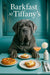 Grey Neapolitan Mastiff resting paws on a turquoise table with tomato flatbread brie and honey toasts and a peach cocktail under a Barkfast at Tiffanys sign