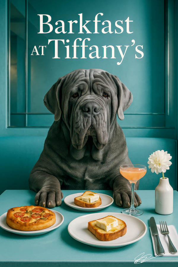 Grey Neapolitan Mastiff resting paws on a turquoise table with tomato flatbread brie and honey toasts and a peach cocktail under a Barkfast at Tiffanys sign