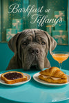 Grey Neapolitan Mastiff resting jowls on a turquoise table with berry jam toast, ham-filled croissant, and a peach cocktail under Barkfast at Tiffany’s sign and gift box display