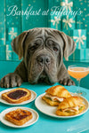 Grey Neapolitan Mastiff leaning over a turquoise café table with croissant sandwiches, berry jam toast and a peach cocktail under Barkfast at Tiffany’s sign