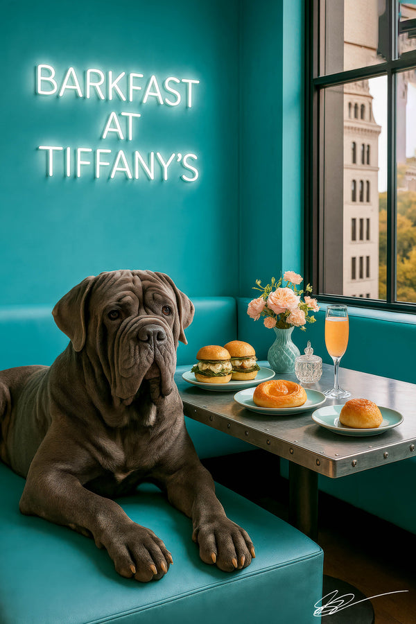 Grey Neapolitan Mastiff lounging on a turquoise banquette beside a café table with brioche rolls sliders and a peach cocktail under a Barkfast at Tiffany’s sign
