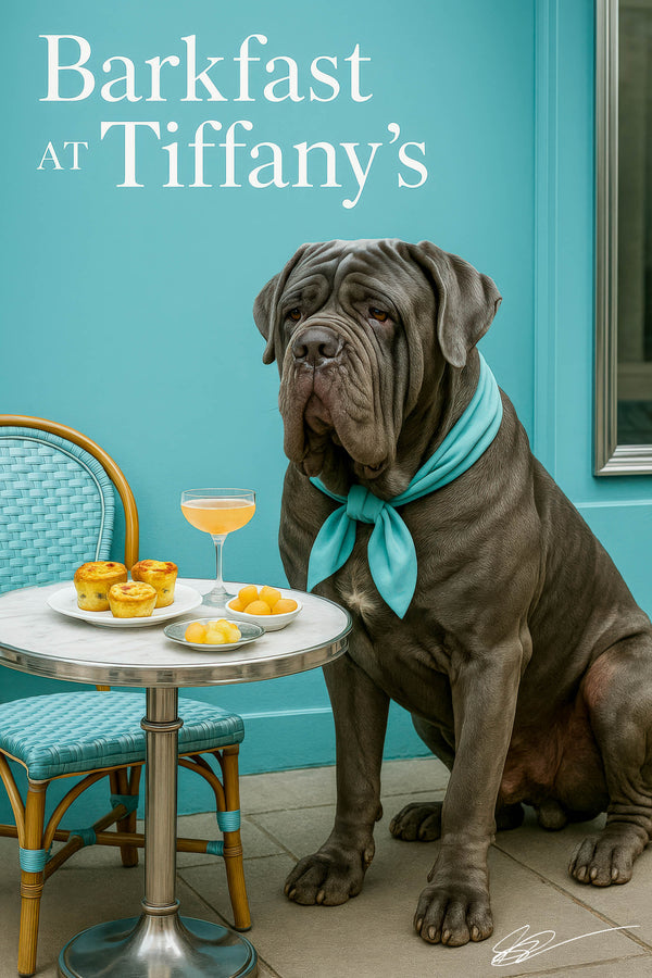 Grey Neapolitan Mastiff wearing a Tiffany-blue scarf seated beside a marble bistro table under a glowing Barkfast at Tiffany’s sign