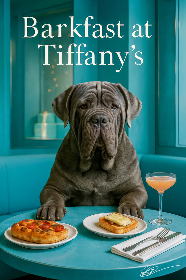 Grey Neapolitan Mastiff sitting at a Tiffany-blue café table under a Barkfast at Tiffany’s sign with soulful amber eyes