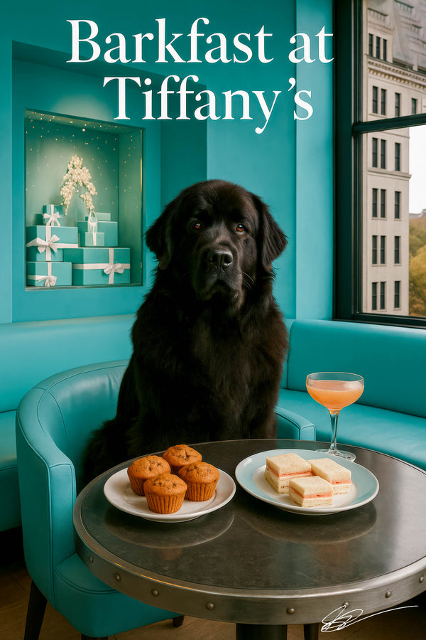Black Newfoundland with glossy coat seated on Tiffany-blue banquette beside a window
