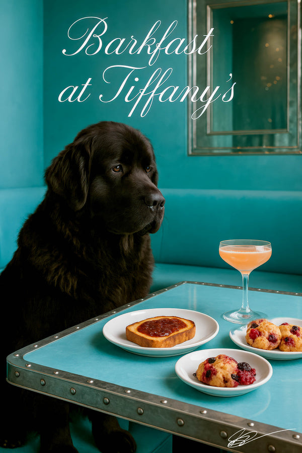 Majestic black Newfoundland sitting in a Tiffany-blue lounge, gazing thoughtfully