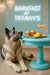 Norwegian Elkhound lying in front of a teal pedestal table with two mini sliders a pastry swirl and a pink cocktail beneath a neon Barkfast at Tiffanys sign