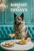 Norwegian Elkhound seated on a turquoise tufted banquette behind a marble café table with two ricotta crostini three pastry tartlets and a pink cocktail under a glowing Barkfast at Tiffanys sign
