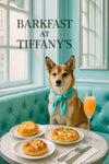 Norwegian Lundehund wearing a turquoise scarf seated on a tufted turquoise banquette by a marble café table with a lemon-topped bun two cheese herb flatbreads silverware and an orange cocktail under a Barkfast at Tiffanys sign
