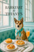 Norwegian Lundehund wearing a turquoise scarf seated on a tufted turquoise banquette by a marble café table with a lemon-topped bun two cheese herb flatbreads silverware and an orange cocktail under a Barkfast at Tiffanys sign