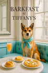 Norwegian Lundehund wearing a turquoise scarf seated on a tufted turquoise banquette beside a marble café table with a lemon-topped bun a golden pastry cheese flatbread and an orange cocktail under a Barkfast at Tiffanys sign