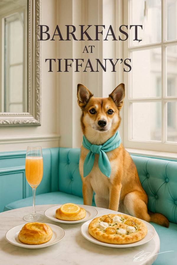 Norwegian Lundehund wearing a turquoise scarf seated on a tufted turquoise banquette beside a marble café table with a lemon-topped bun a golden pastry cheese flatbread and an orange cocktail under a Barkfast at Tiffanys sign