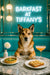 Norwegian Lundehund leaning forward with paws on a marble table set with a spinach quiche, pear-topped toast, a peach brunch cocktail and a white dahlia vase under a Barkfast at Tiffanys sign