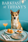 Norwegian Lundehund posed behind a Tiffany blue table with brioche salmon sliders fig tartlets silver utensils and a pink cocktail under a crystal chandelier