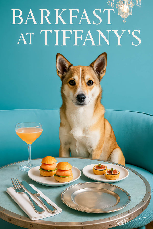 Norwegian Lundehund posed behind a Tiffany blue table with brioche salmon sliders fig tartlets silver utensils and a pink cocktail under a crystal chandelier