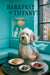 Fluffy Old English Sheepdog wearing a teal scarf seated at a marble café table with salmon toast mixed berries and a pink cocktail under a crystal chandelier