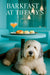 Old English Sheepdog lying under a teal café table with a silver tray holding a swirl pastry two herb tarts and a pink cocktail