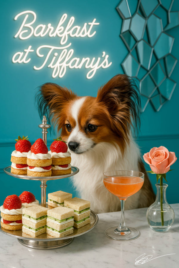 Tricolor Papillon sniffing a two tiered server of strawberry shortcakes and cucumber tea sandwiches next to a coupe of rosé and a pink rose against a teal mirror wall