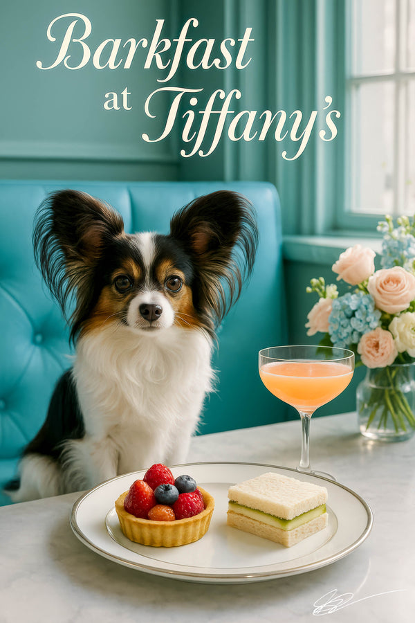 Tricolor Papillon sitting on a teal banquette beside a white linen table with a berry tart cucumber tea sandwiches pink cocktail and pastel flower arrangement