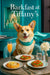 Pembroke Welsh Corgi wearing a teal scarf seated at a round metal café table with avocado toast topped with tomato halves a lemon tart pink cocktail and a white peony against a teal background