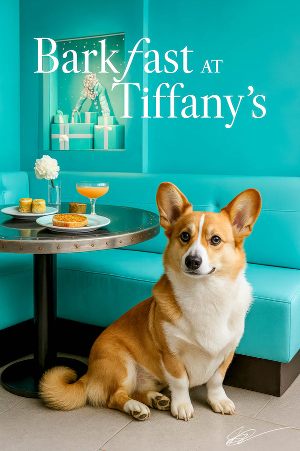 Pembroke Welsh Corgi seated beside a riveted metal café table with two cheese scones a golden swirl pastry a pink cocktail and white flowers in a teal lounge