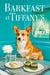 Pembroke Welsh Corgi seated on a teal banquette beside a metal café table with three mini quiches spinach slider buns a pink cocktail and white flowers