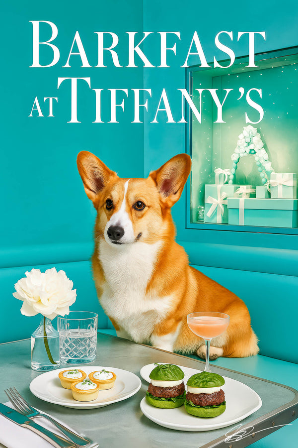 Pembroke Welsh Corgi seated on a teal banquette beside a metal café table with three mini quiches spinach slider buns a pink cocktail and white flowers