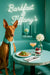 Pharaoh Hound wearing a teal scarf seated on a turquoise banquette beside a round metal café table with avocado toast topped with tomatoes, a layered berry parfait, and a pink cocktail