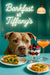 Pit Bull peering over a teal banquette café table with a slice of spinach quiche, two mini spinach tarts, a berry parfait in a jar, and a pink spritz