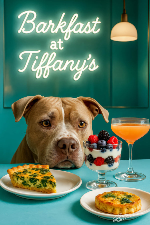 Pit Bull peering over a teal banquette café table with a slice of spinach quiche, two mini spinach tarts, a berry parfait in a jar, and a pink spritz