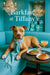 Pit Bull wearing a teal scarf lounging on a turquoise banquette beside a metal café table with arugula and tomato toast a spiral pastry and a pink cocktail