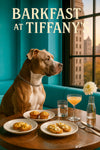 Pit Bull standing beside a teal banquette at a round metal table with two muffins, two swirl pastries, two ricotta-topped toasts, a pink cocktail, a glass of water, and a white flower