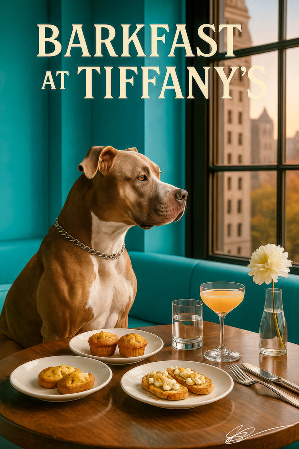 Pit Bull standing beside a teal banquette at a round metal table with two muffins, two swirl pastries, two ricotta-topped toasts, a pink cocktail, a glass of water, and a white flower