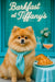 Fluffy Pomeranian wearing a teal scarf seated next to a Tiffany-blue table with two croissants and a pink spritz beneath a neon Barkfast at Tiffany’s sign