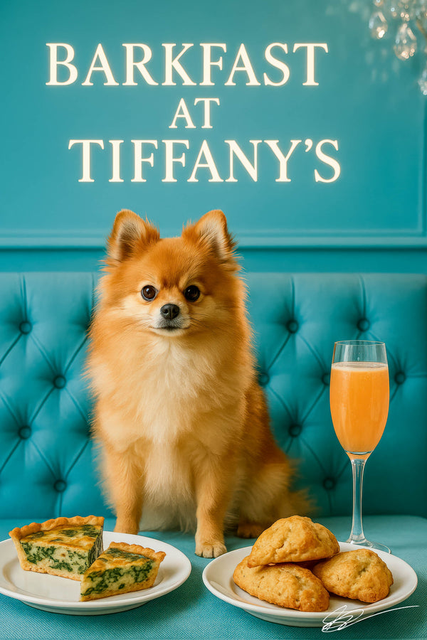 Fluffy Pomeranian seated on a teal banquette next to a marble table with spinach quiche slices, three golden scones and a pink cocktail