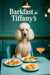 Cream poodle seated on a teal banquette beside a café table with smoked salmon canapés, golden scones, plain scones, and a pink coupe cocktail