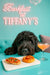 Black Portuguese Water Dog resting its head on a tufted aqua banquette beneath a neon “Barkfast at Tiffany’s” sign, crystal droplets, and sculpted wall panels