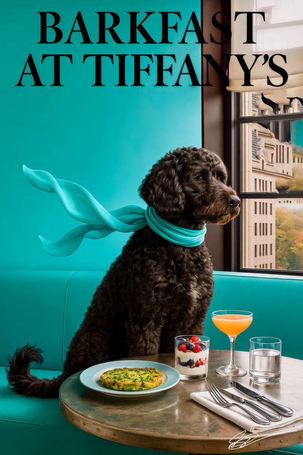 Black Portuguese Water Dog seated on a plush teal banquette under neon signage and crystal chandelier in an elegant lounge setting
