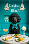 Black Portuguese Water Dog wearing an aqua scarf, seated on a tufted aqua bench beneath crystal chandeliers and sculpted panels