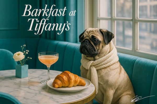 Fawn pug wearing a cream scarf seated on a teal velvet banquette in a luxury salon with marble table and tall windows